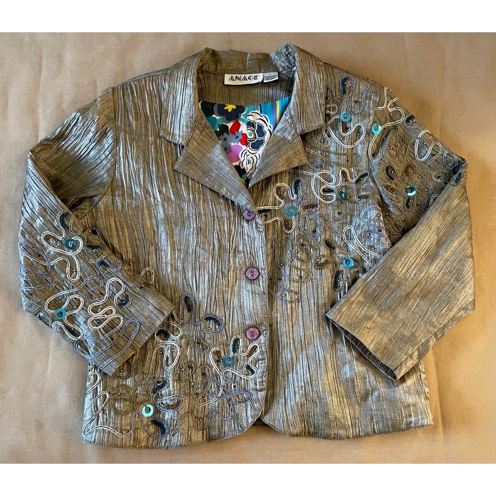 Vintage Anage Jacket Size Large Beaded Embroidered Button Front Retro